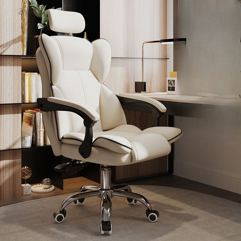 Ergonomic Tilt Available Chalk Swivel Lifting PU Study Chair with Headrest, Armrest and Swivel Wheels, White-Black, Without Footrest, Latex