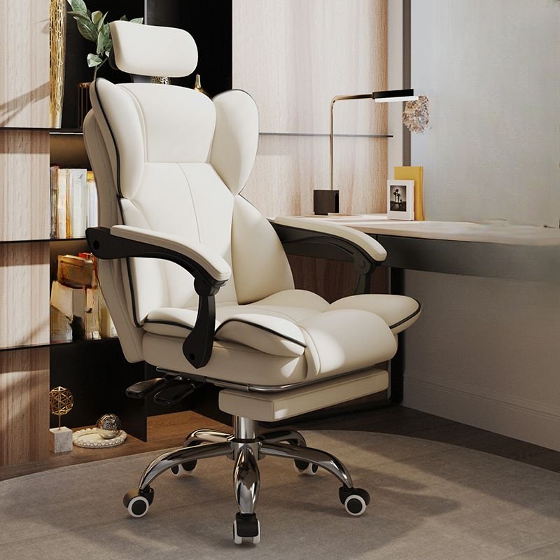 Headrest Tilt Available Swivel Lifting Chalk Faux Leather Study Chair with Foot Pedestal, Swivel Wheels and Armrest, White-Black, Sponge