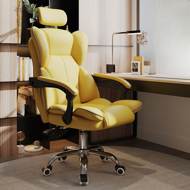 Ergonomic Tilt Available Butter Color Swivel Lifting Faux Leather Task Chair with Headrest, Armrest and Roller Wheels, Yellow-Grey, Without Footrest, Sponge