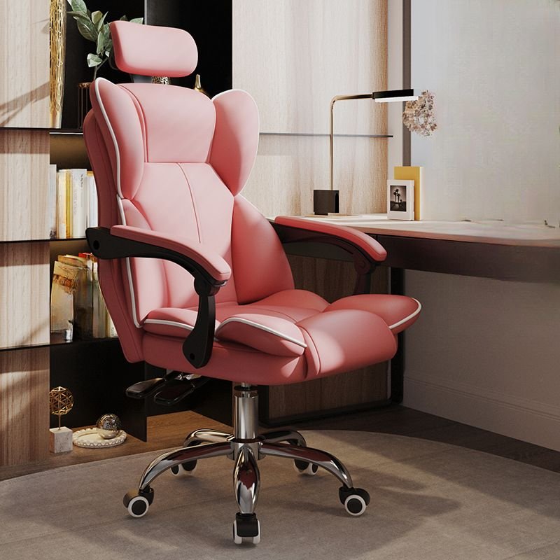 Ergonomic Tilt Available Carnation Swivel Lifting PU Office Desk Chairs with Headrest, Armrest and Roller Wheels, Pink-White, Without Footrest, Latex