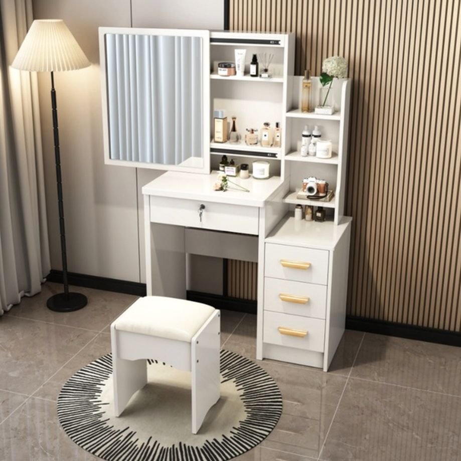 Composite Wood No Floating Flooring Makeup Vanity with Sliding Drawers, Sliding Mirror & Tabletop Storage, Dividers Included, Makeup Vanity & Stools, White, 31.5"L x 13.8"W x 49.2"H, Right