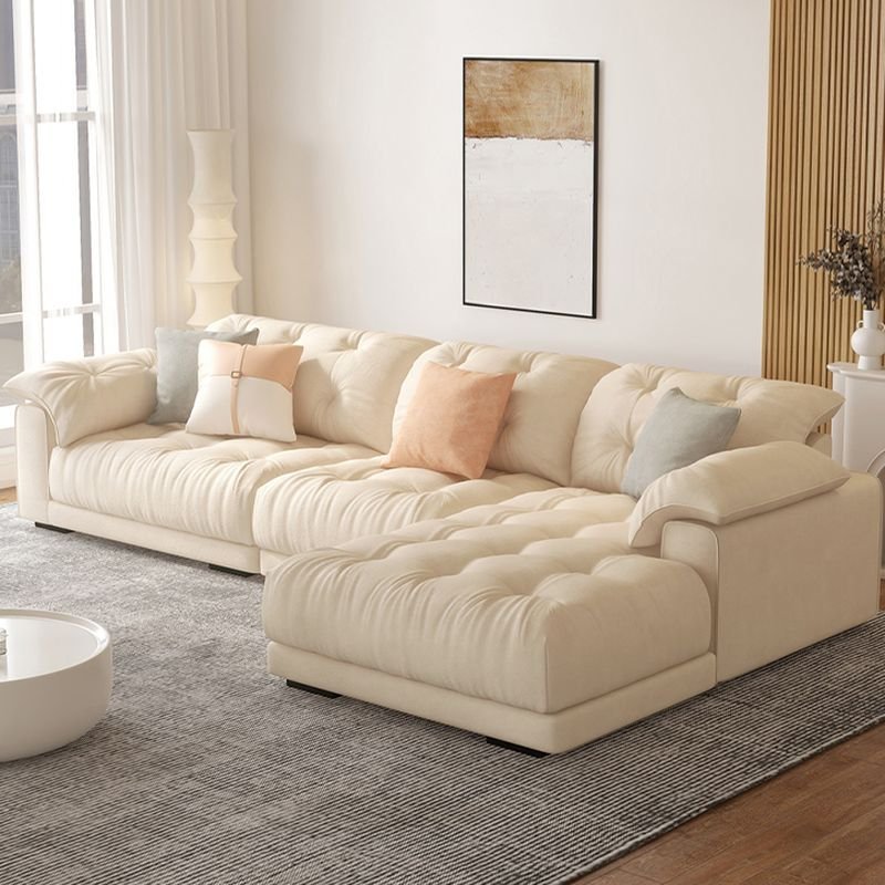 Tufted L-Shape Right Hand Facing Sofa Chaise with Concealed Support and Natural Wood Frame, 130"L x 71"W x 30"H, Milk Fleece