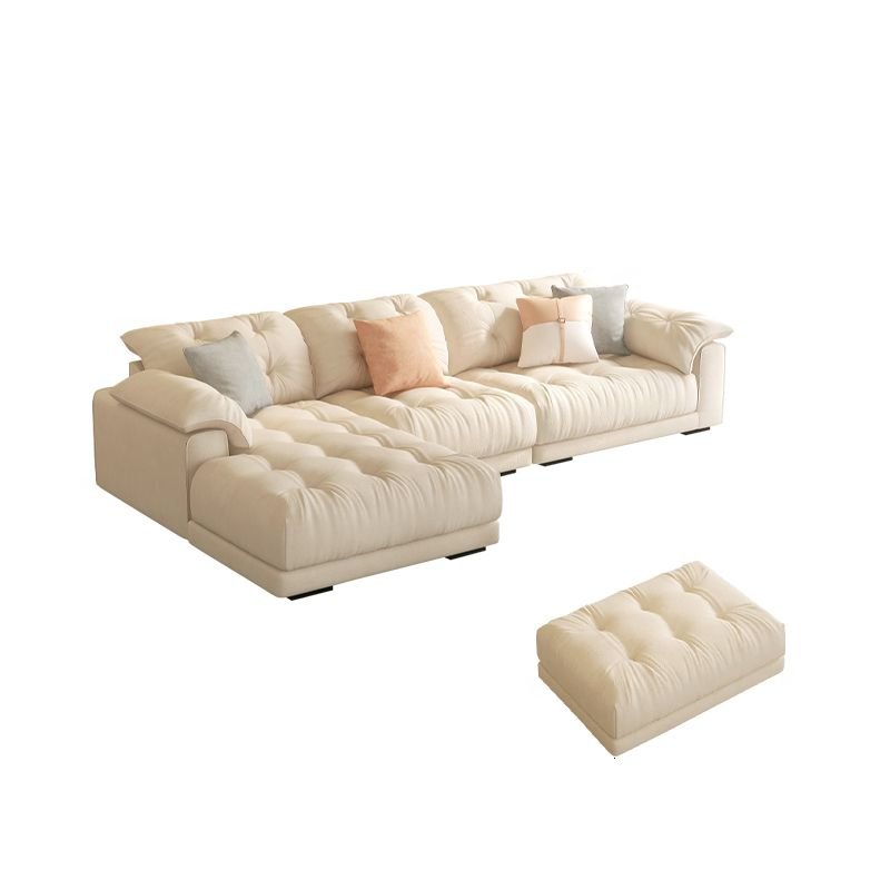 4-piece Tufted L-Shape Left Hand Facing Sofa Recliner with Concealed Support and Natural Wood Frame, 154"L x 71"W x 30"H+31"L x 28"W x 18"H, Milk Fleece