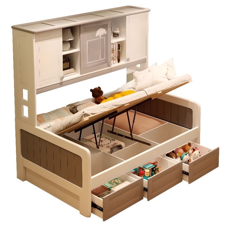3 Drawers Tool-Free Assembly Bedroom Use Timber Bed with Storage Shelf, Kids Bed, 39"W x 75"L, Lift Up Storage