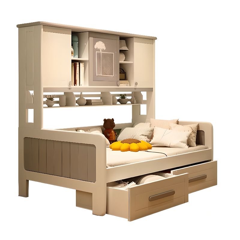 2 Drawers Easy Assembly Bedroom Use Lumber Bed with Shelf, Kids Bed with Bookcase, 39"W x 75"L, Pull-Out Storage