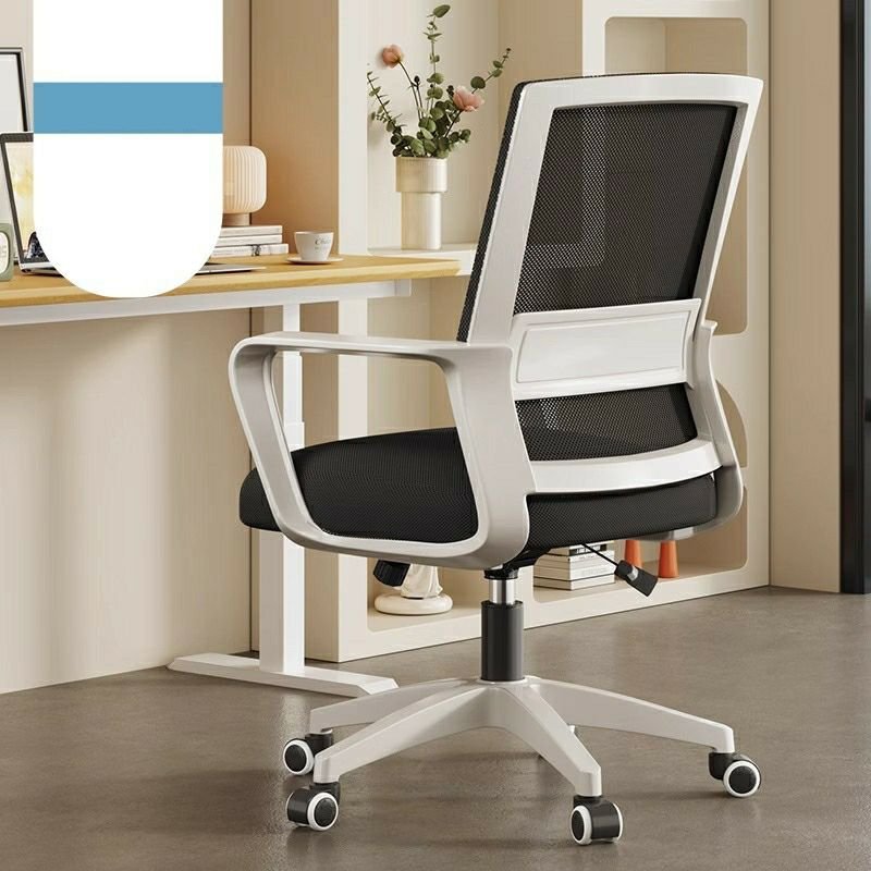 Minimalist Ergonomic Swivel Lifting Black Upholstered Studio Chairs with Lumbar Support, Arms and Wheels, White-Black, Without Headrest