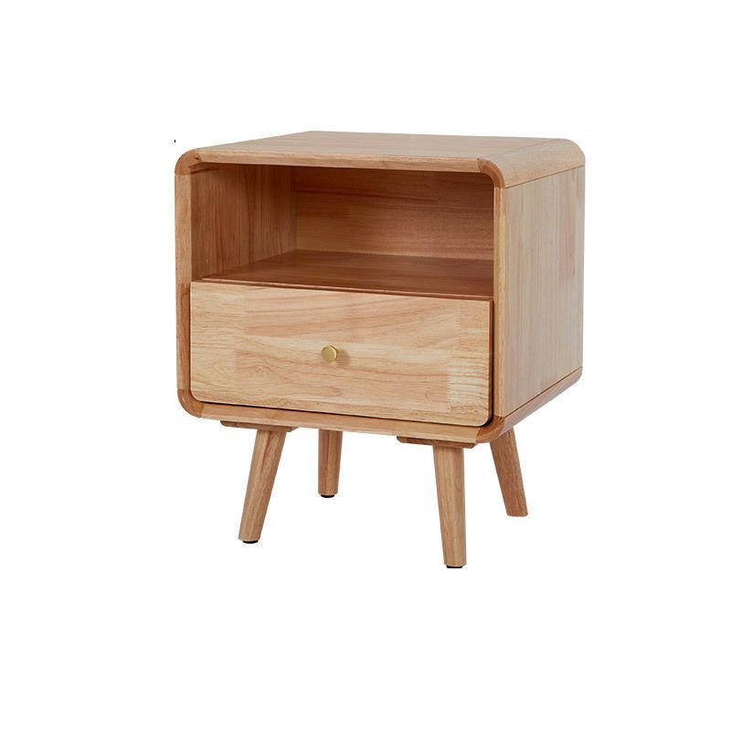 1 Drawer Nordic Natural Wood Open Storage Nightstand, Natural