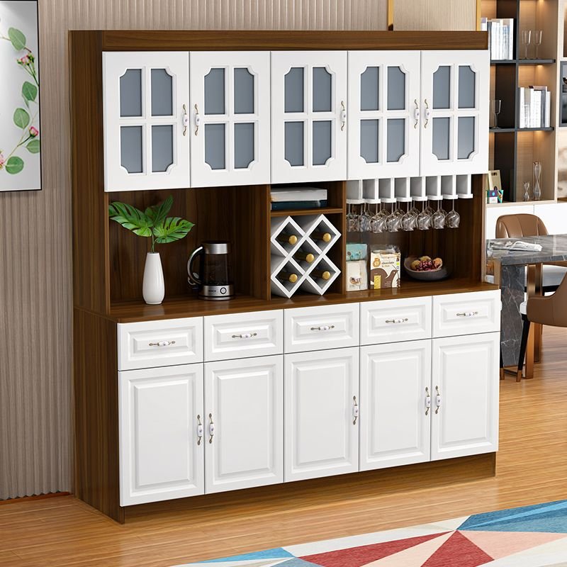 Wide Medium Wood Solid+engineered Wood Oven Cabinet with 2 Shelves, 5 Drawers, Glass Holder and Wine Storage Unit, White/ Walnut, 78"L x 16"W x 83"H