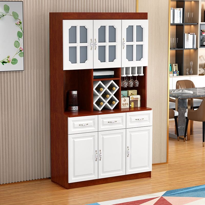 2 Shelves Warm Wood Finish Solid+composite Wood Microwave Shelf Cabinet with Wine Organizer, Kitchen Machine Storage, Stemware Storage and Tabletop, White/ Reddish Brown, 47"L x 16"W x 83"H