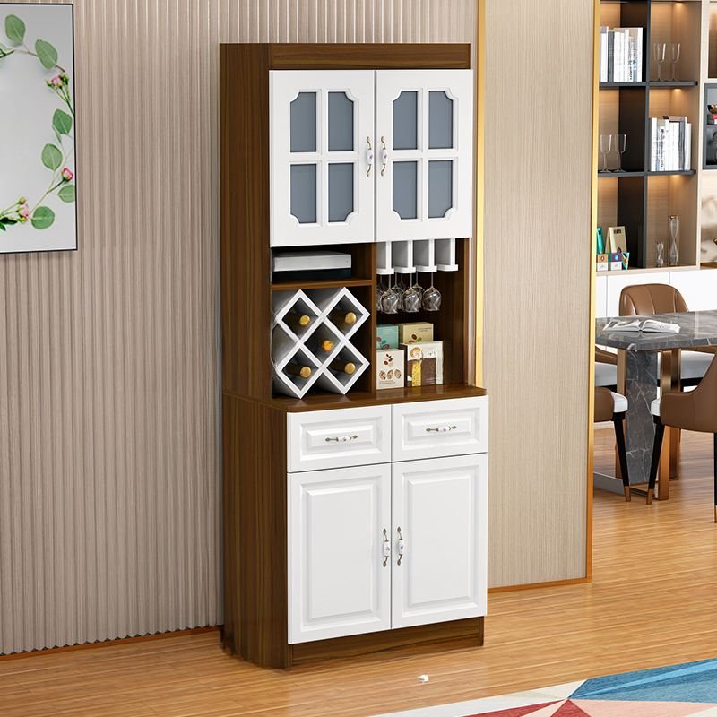 2 Shelves Neutral Solid+composite Wood Microwave Storage Cabinet with Wine Holder, Cooking Device Storage, Wineglass Rack and Benchtop, White/ Walnut, 31.5"L x 15.7"W x 82.7"H