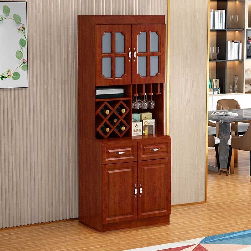 2 Shelves Light Wood Solid+composite Wood Microwave Shelf Cabinet with Wine Storage Unit, Culinary Equipment Storage, Stemware Shelf and Benchtop, Red Brown, 31.5"L x 15.7"W x 82.7"H