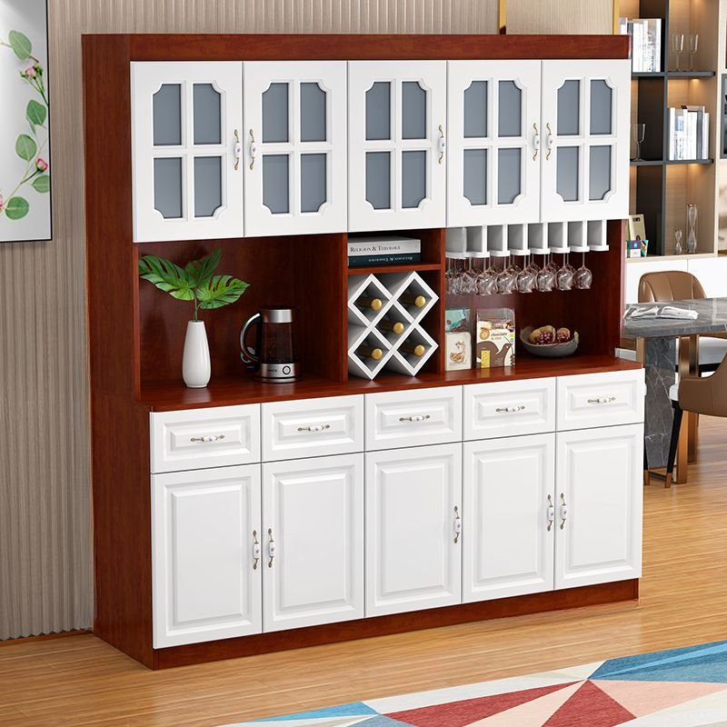 Wide Natural Wood Finish Solid+engineered Wood Kitchen Storage with 2 Shelves, 5 Drawers, Wineglass Rack and Wine Display, White/ Reddish Brown, 78"L x 16"W x 83"H