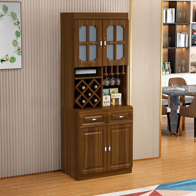 2 Shelves Natural Wood Finish Solid+engineered Wood Kitchen Storage with Wine Shelf, Appliance Rack, Stemware Storage and Counter Surface, Nut-Brown, 31.5"L x 15.7"W x 82.7"H
