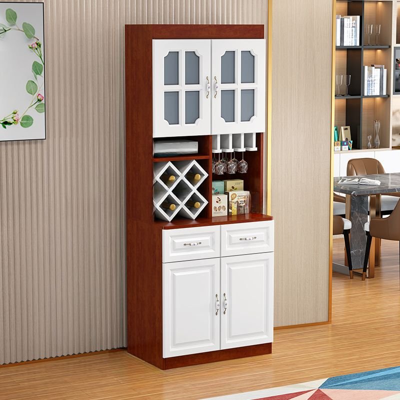 2 Shelves Neutral Wood Tone Solid+engineered Wood Oven Cabinet with Wine Display, Kitchen Appliance Organizer, Wineglass Shelf and Counter Surface, White/ Reddish Brown, 31.5"L x 15.7"W x 82.7"H