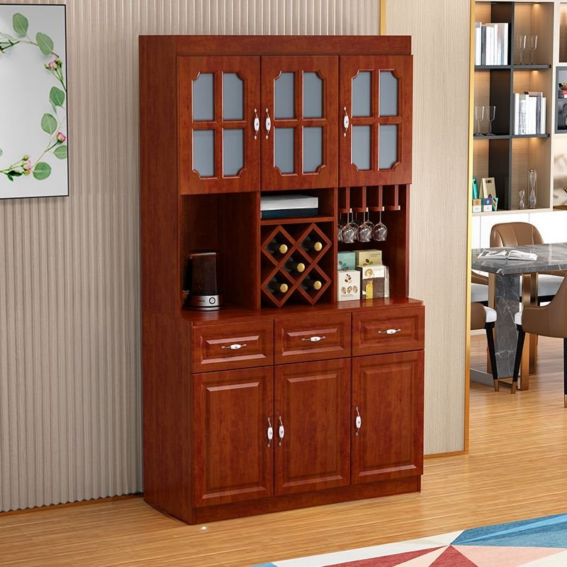 2 Shelves Sand Solid+engineered Wood Kitchen Storage with Wine Holder, Kitchen Gadget Storage, Glass Holder and Counter Slab, Red Brown, 47"L x 16"W x 83"H