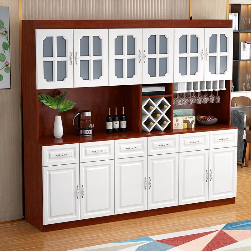 Wide Neutral Solid+composite Wood Microwave Storage Cabinet with 2 Shelves, 6 Drawers, Stemware Shelf and Wine Organizer, White/ Reddish Brown, 93"L x 16"W x 83"H