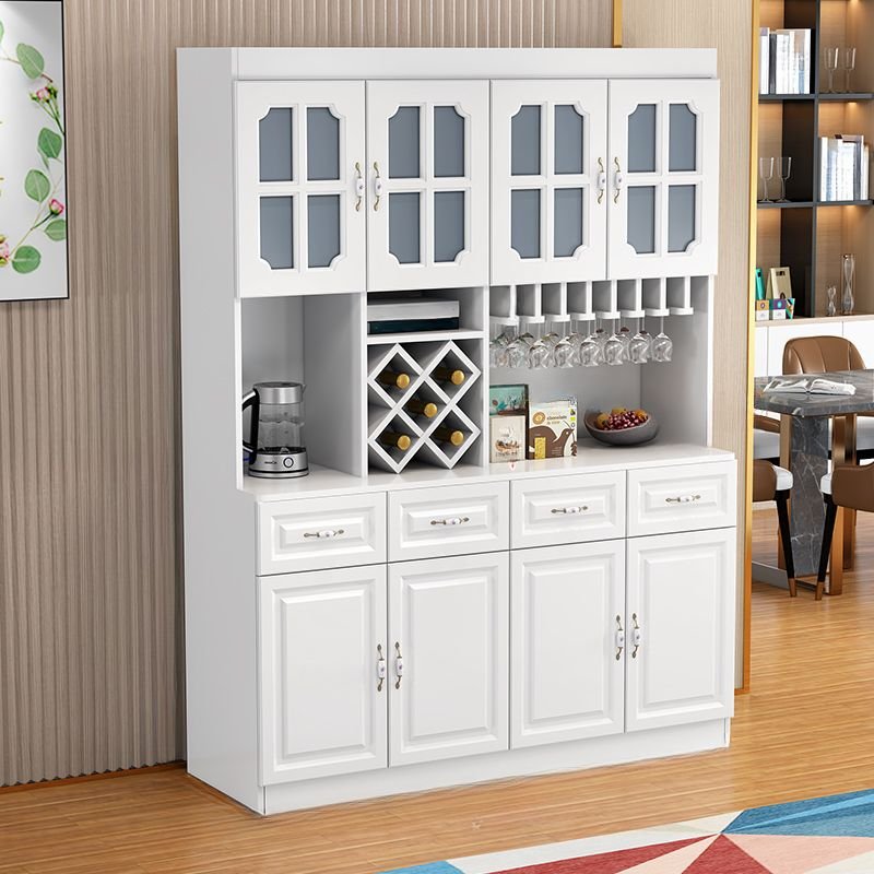 2 Shelves Flooring Solid+engineered Wood Oven Cabinet with Wine Organizer, Stemware Organizer, Kitchen Appliance Organizer and Worktop, White, 62"L x 16"W x 83"H