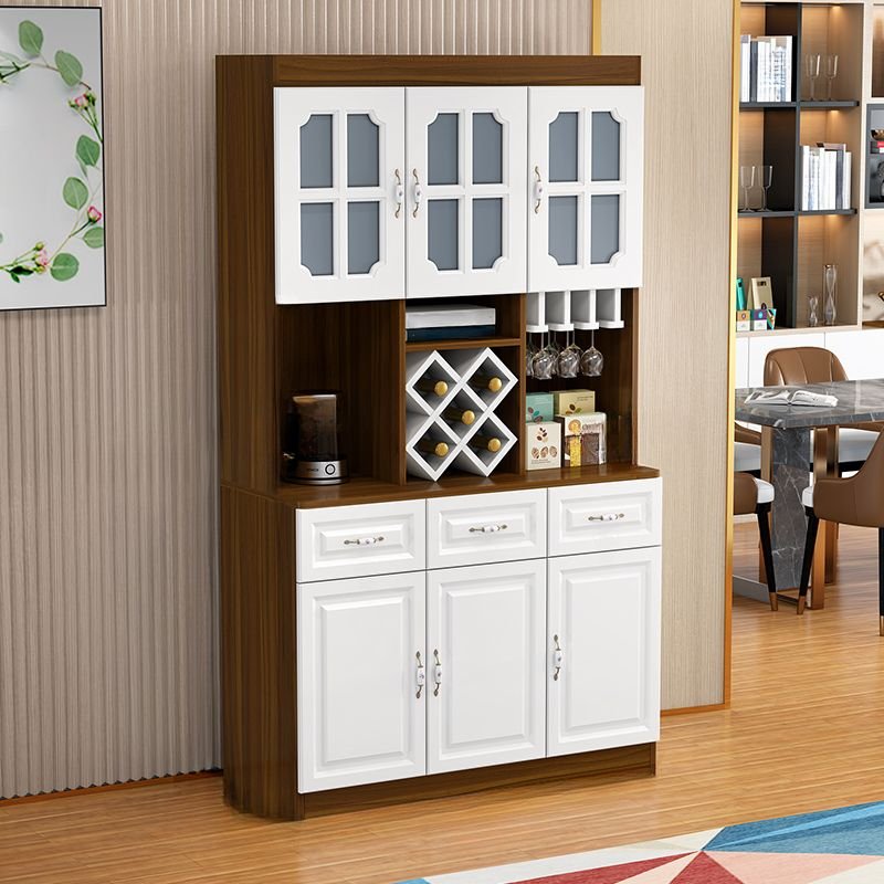 2 Shelves Medium Wood Solid+engineered Wood Oven Cabinet with Wine Shelf, Kitchen Tool Storage, Stemware Shelf and Counter Slab, White/ Walnut, 47"L x 16"W x 83"H