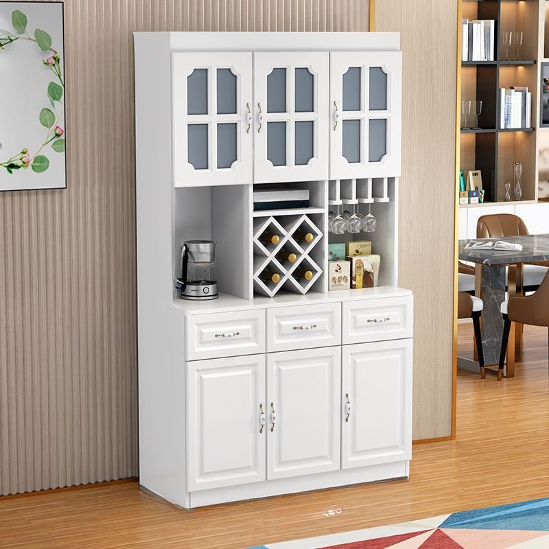 2 Shelves Ground Solid+composite Wood Microwave Storage Cabinet with Wine Display, Stemware Storage, Appliance Storage and Tabletop, White, 47"L x 16"W x 83"H