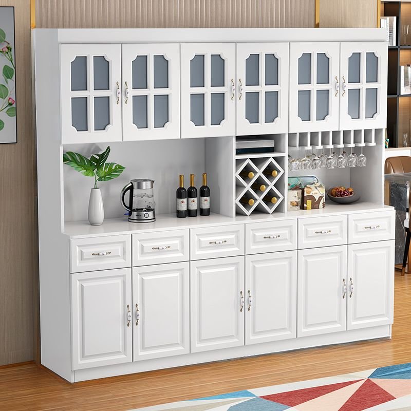 2 Shelves Wide Solid+engineered Wood Kitchen Storage with Wine Holder, 6 Drawers, Appliance Rack and Stemware Shelf, White, 93"L x 16"W x 83"H
