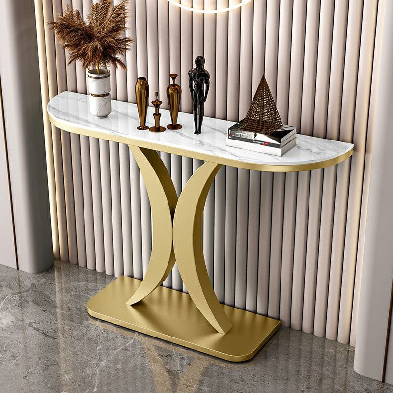 1 Piece Half Circle Standing Foyer Table with Geometric Base, 47"L x 12"W x 31"H, Gold, White