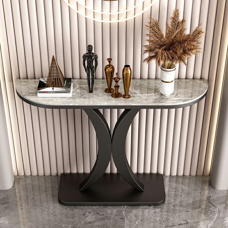 1 Piece Demilune Standing Entry Way Table with Geometric Base, 59"L x 12"W x 31"H, Black, Gray