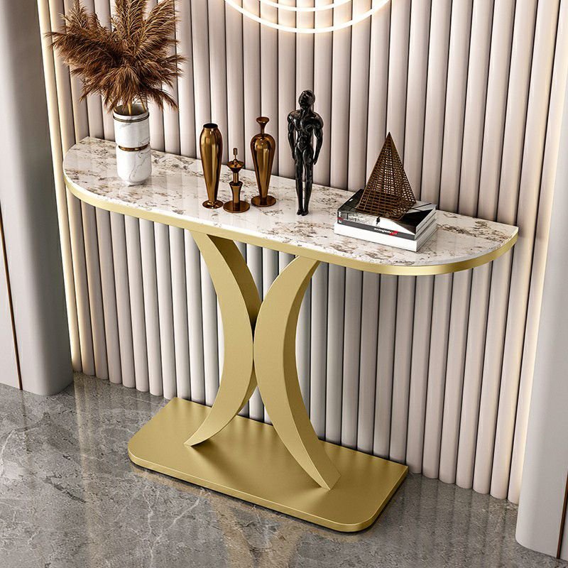 1 Piece Half-circle Standing Hallway Table with Geometric Base, 47"L x 12"W x 31"H, Gold, Pandora