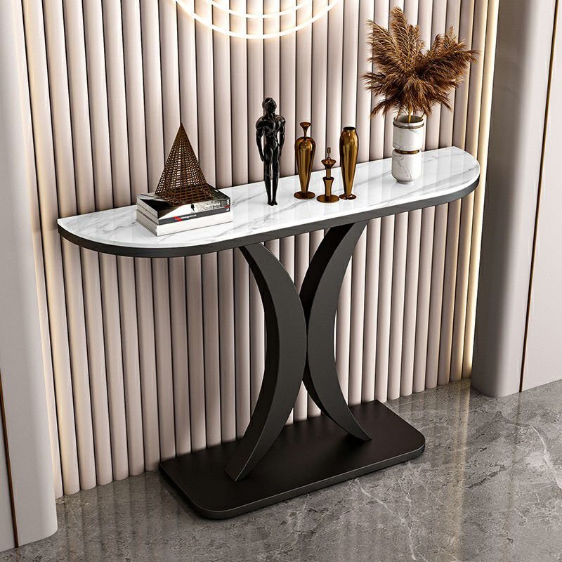 1 Piece Demilune Standing Accent Console Tables with Geometric Base, 47"L x 12"W x 31"H, Black, White