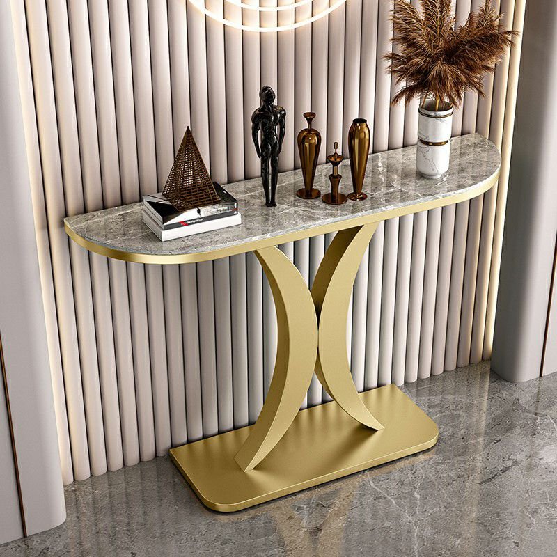 1 Piece Half-circle Standing Console Table Desk with Geometric Base, 39"L x 12"W x 31"H, Gold, Gray