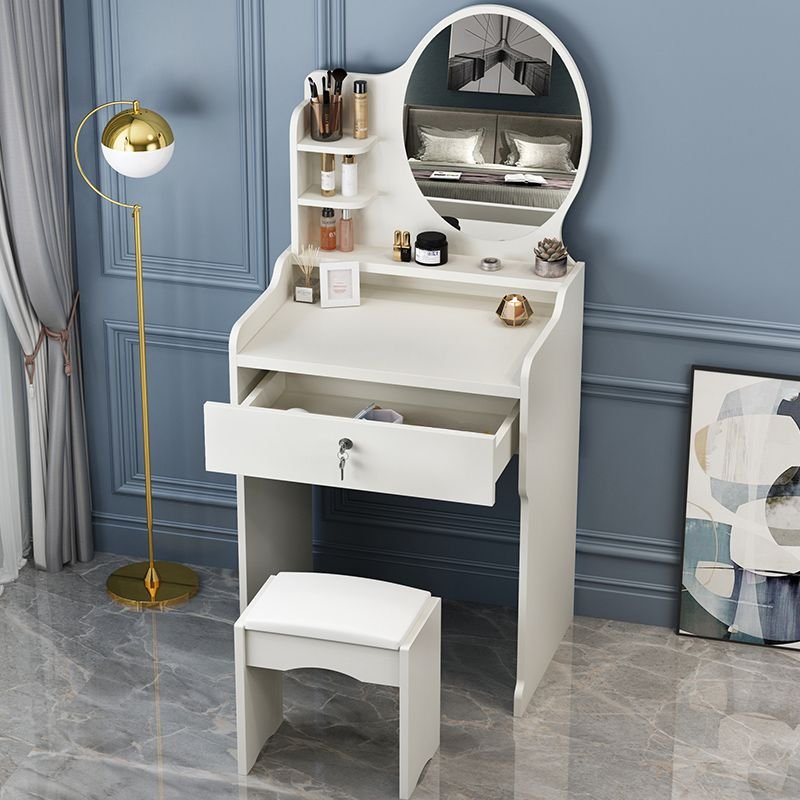 Composite Wood No Floating Makeup Vanity with Tabletop Storage & Push-Pull Drawers, Makeup Vanity & Stools, White, 24"L x 12"W x 47"H, Round