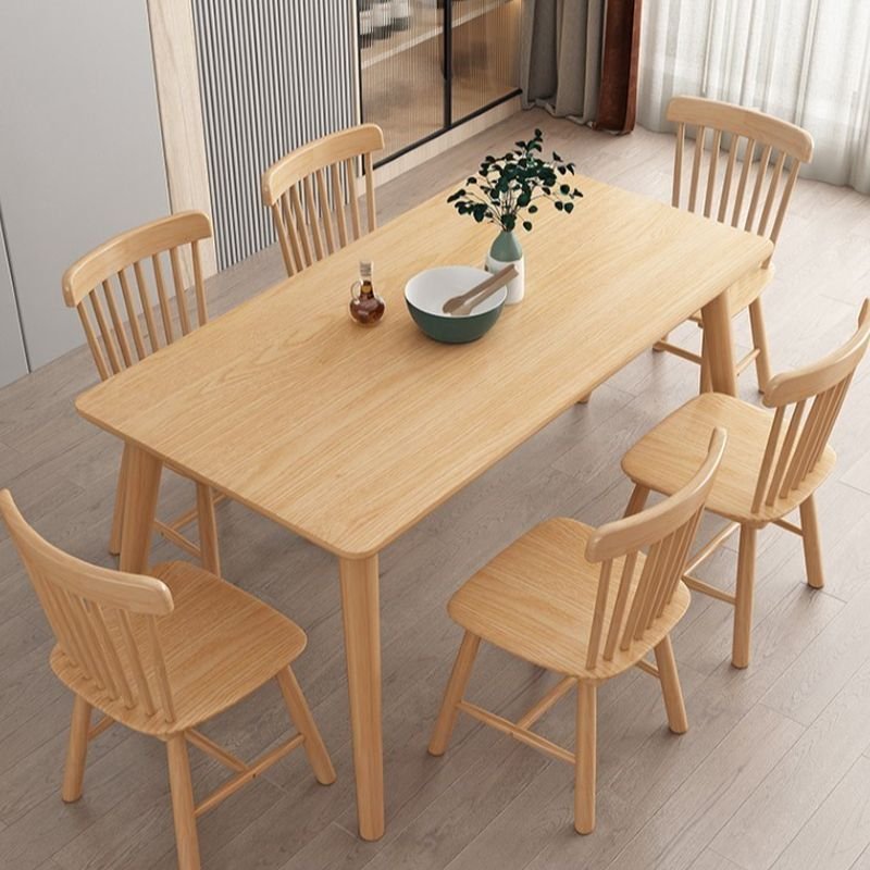 Casual Rectangle Dining Table Set with a Wood Tabletop in Natural Finish and Windsor Back for Dining Table for 6, 7 Piece Set, 55.1"L x 31.5"W x 29.5"H, 33.9"H x 17.7"W x 17.7"D, Table & Chair(s)