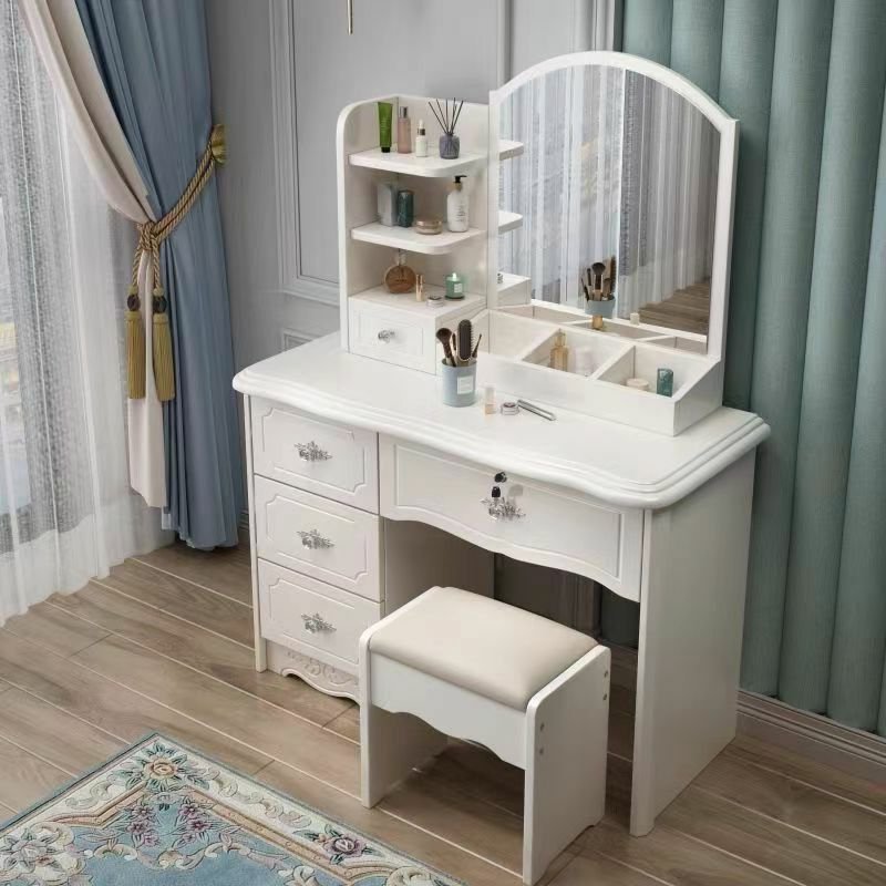Trendy White Wood No Floating Wood Makeup Vanity with Push-Pull 5 Drawers, Standing Mirror & Cushioned Stool, Makeup Vanity & Mirror & Stools, Square, Left, 28"L x 16"W x 52"H