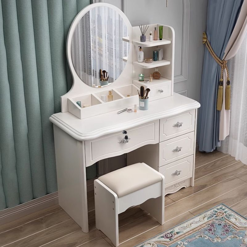 Art Deco White Wood No Floating Wood Makeup Vanity with Push-Pull 5 Drawers, Standing Mirror & Upholstered Chair, Makeup Vanity & Mirror & Stools, Round, Right, 39"L x 16"W x 52"H