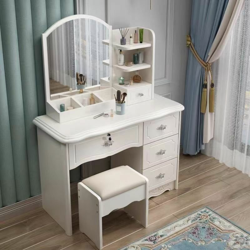 Modern White Wood No Floating Wood Makeup Vanity with Push-Pull 5 Drawers, Standing Mirror & Upholstered Chair, Makeup Vanity & Mirror & Stools, Square, Right, 31"L x 16"W x 52"H