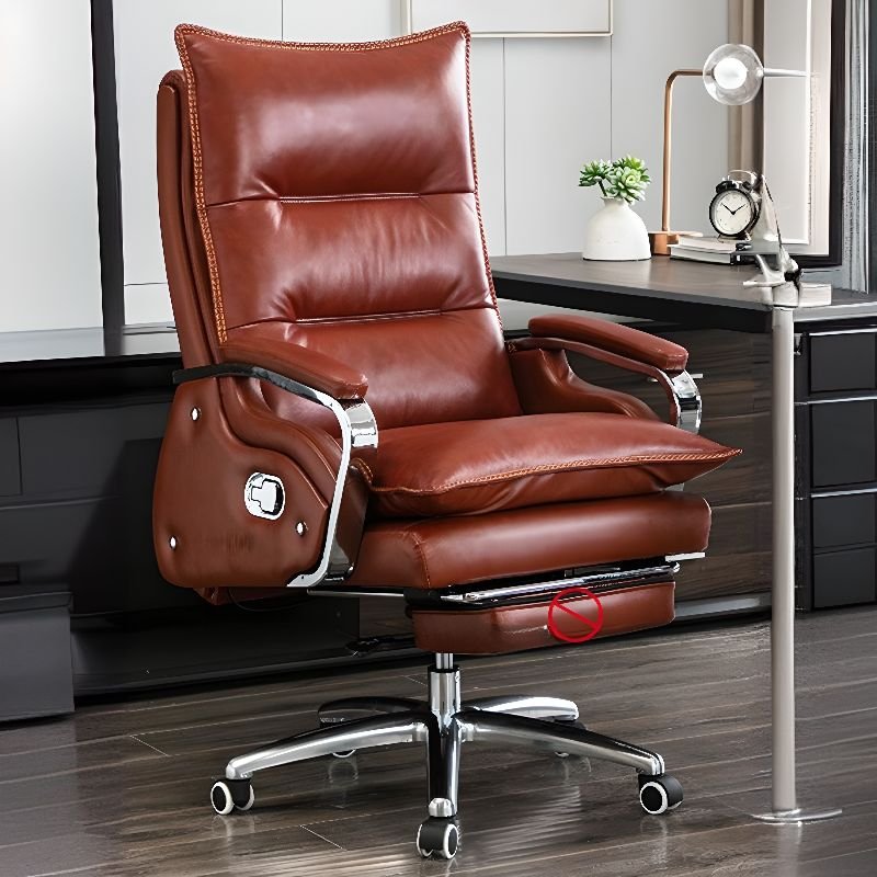 Ergonomic Tanned Hide Boss Chair in Cocoa with Armrest, Headrest, Casters and Adjustable Back Angle, Brown, Full Grain Cow Leather, Without Footrest