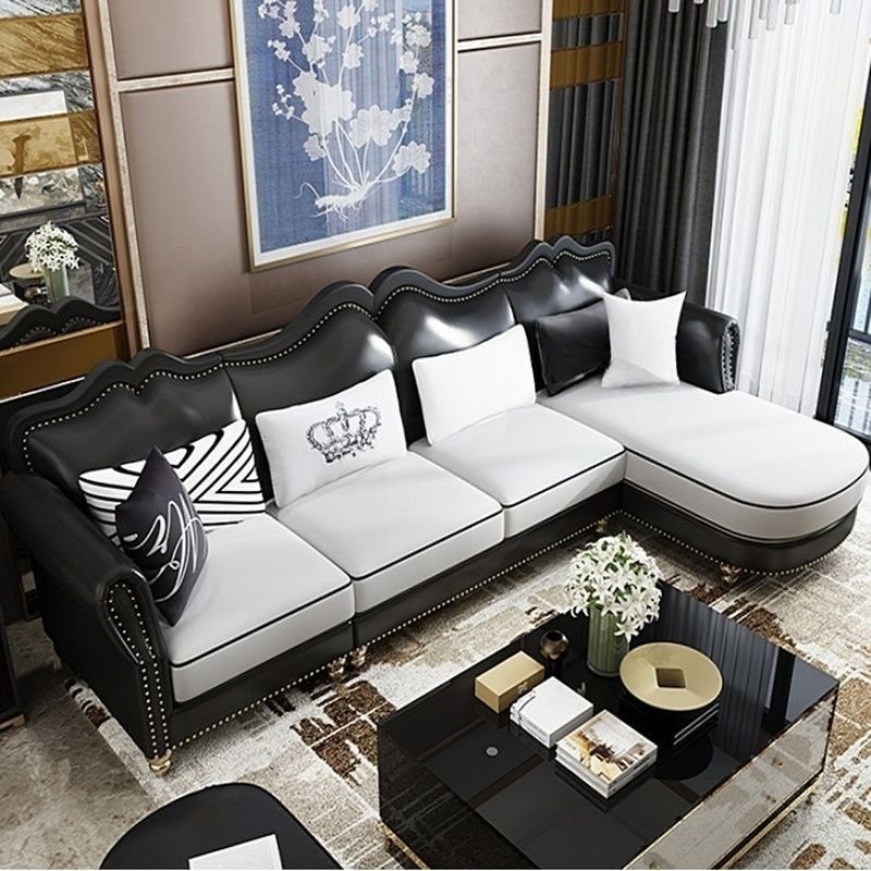 Glam Leather Flared Arm Sectional Sofa in Large Size with Nailhead Trim - Black White 118"L x 69"W x 37"H Leather Right