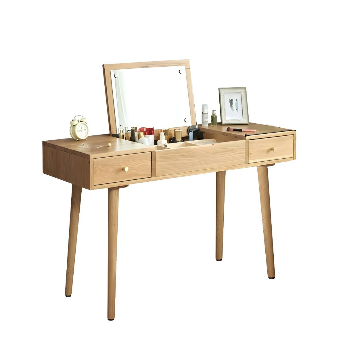 Natural Finish Standard Contemporary Dressing Table Oak Wood with Flip-Top Mirror