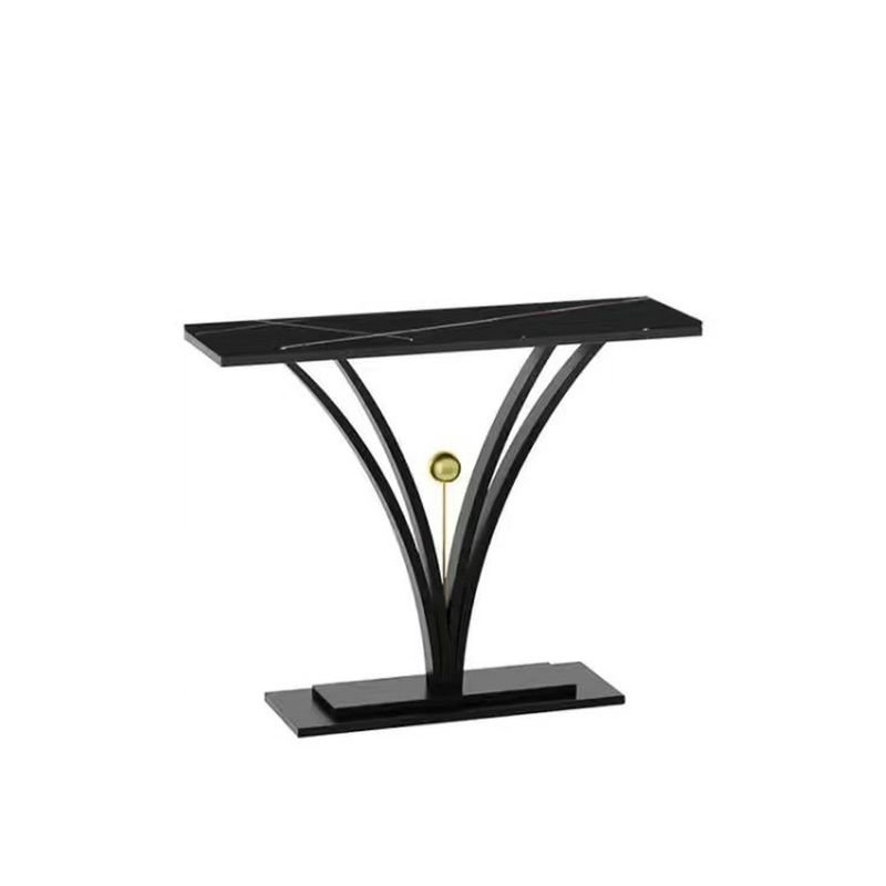 Stylish Rectangular Stone Console Desk 1 Piece Set with Aesthetic Base, Scratch Resistant, Black, Black/ Gold, 55"L x 12"W x 31"H