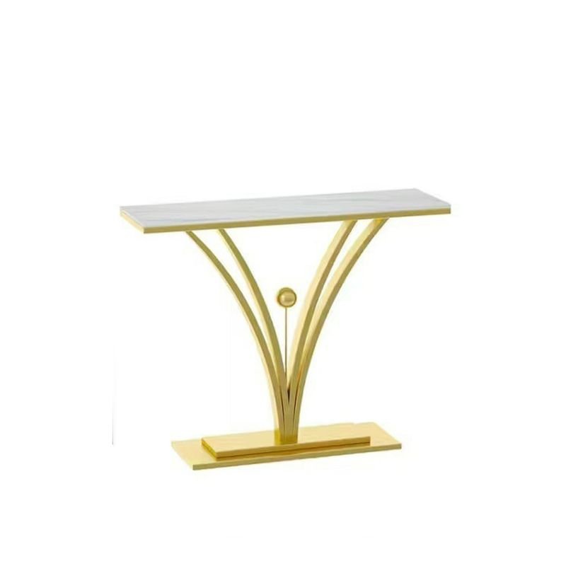 Stylish White Rectangular Stone Entry Way Table 1 Piece Set with Aesthetic Base, Scratch Resistant, Gold, 55"L x 12"W x 31"H
