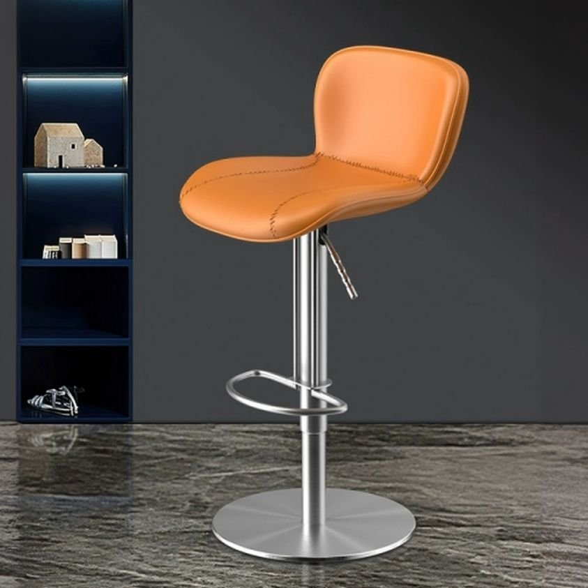 Barrel Multi-levelled Rotating Tanned Hide Bar Stools in Amber Color with Back Revolving Stools, Silver