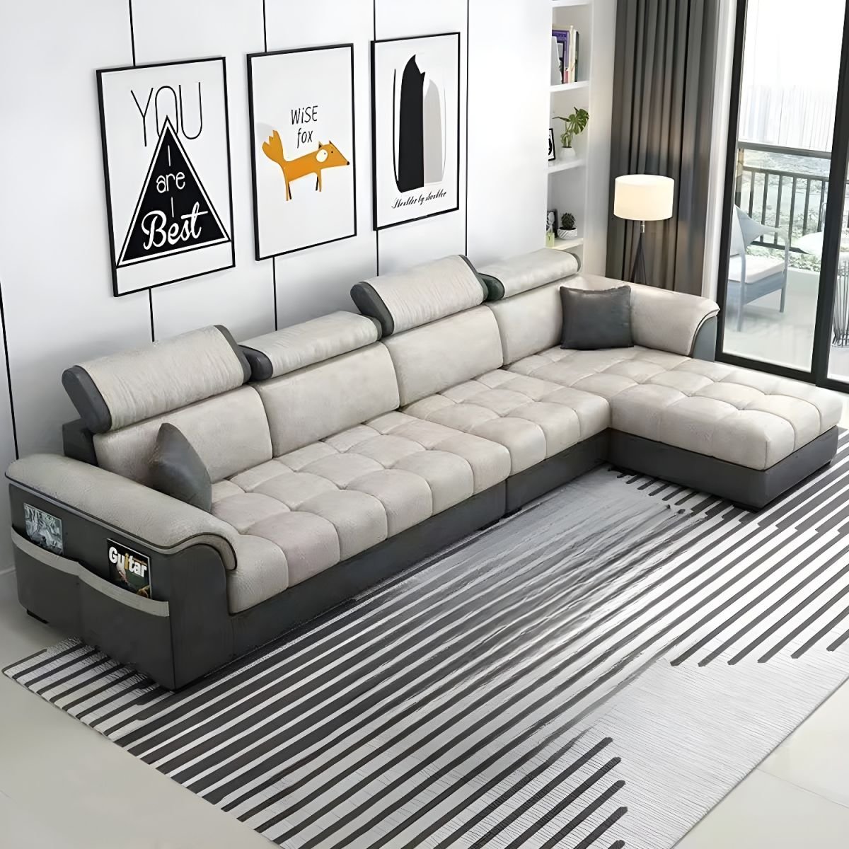Contemporary L-Shaped Sectional Sofa with Adjustable Pillows and Storage - Tech Cloth Dark Gray/ Light Gray