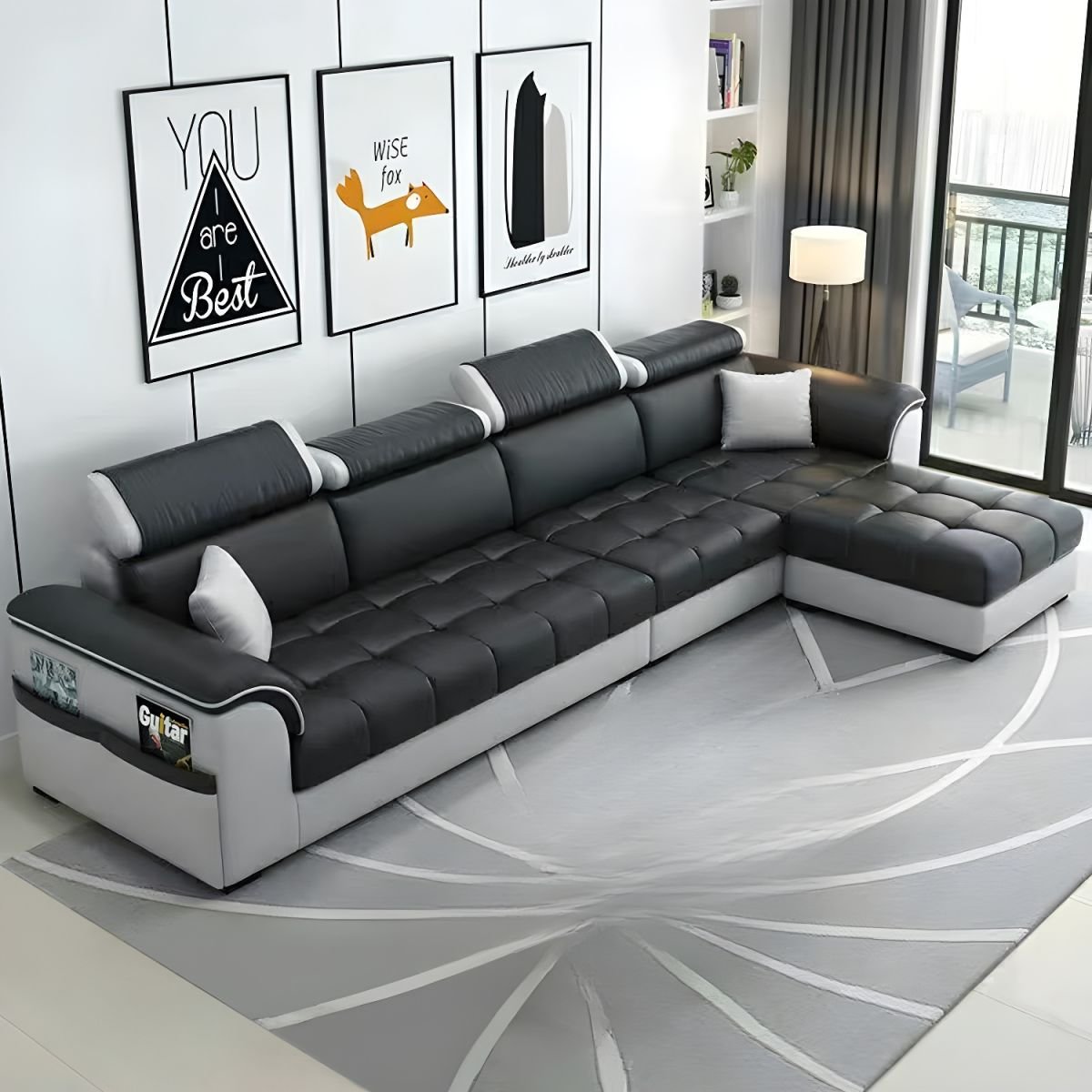 Contemporary L-Shaped Sectional Sofa with Adjustable Pillows and Storage - Tech Cloth Dark Grey/ Light Grey
