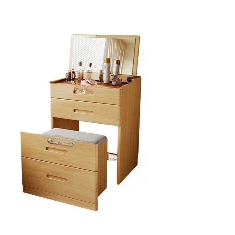 Bedroom Use Folding Wood Color Push-Pull Built In Makeup Vanity, Floor Vanity, No Suspended, Dividers Included, Makeup Vanity & Stools, Natural Finish, 24"L x 20"W x 31"H