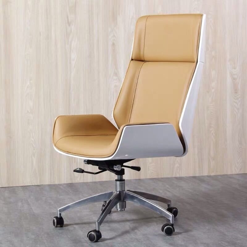 Art Deco Ergonomic Tanned Hide Task Chair in Light Yellow with Armrest and Caster Wheels, Light Yellow, 26"L x 26"W x 44"H