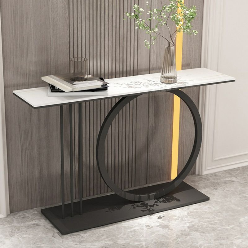 Standing Console Desk 1 Piece with Geometric Base, Black, White Gold, 63"L x 12"W x 31"H