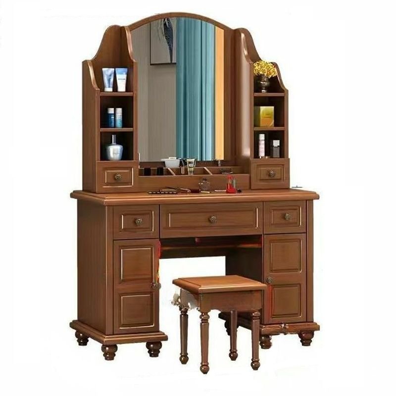 Natural Wood Push-Pull Tabletop Storage Flooring Vanity with Gate, Dividers Included, No Suspended, Makeup Vanity & Stools, Nut-Brown, 39"L x 17"W x 61"H