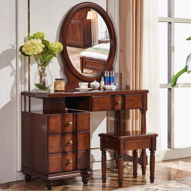 Natural Wood Push-Pull Flooring Vanity with Gate, Dividers Included, No Suspended, Makeup Vanity & Stools, Nut-Brown, 40"L x 17"W x 60"H
