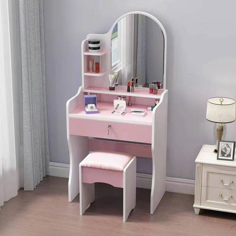 Bedroom Use Pink Push-Pull Floor Vanity with Tabletop Storage, No Suspended, Makeup Vanity & Stools, Pink, 20"L x 12"W x 49"H