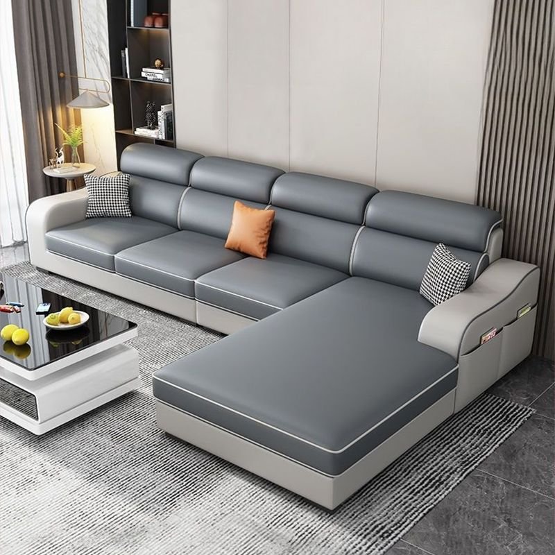 Wood & Tech Cloth L-Shape Sofa, Cushion Back, Water Resistant, 9 Feet with Storage - Grey Tech Cloth