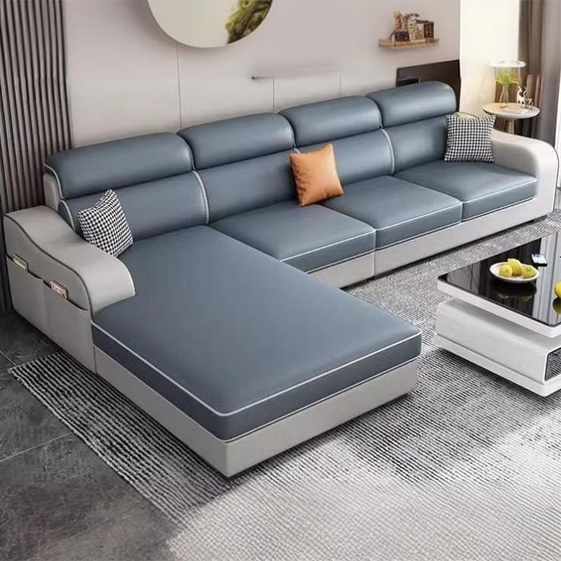Wood & Tech Cloth L-Shape Sofa, Cushion Back, Water Resistant, 9 Feet with Storage - Tech Cloth Light Blue/ White